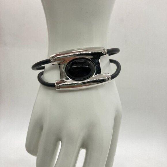 Unbranded Jewelry - Double Black Rubber Band 7" Bracelet Silver Tone Oval Glass Stone
